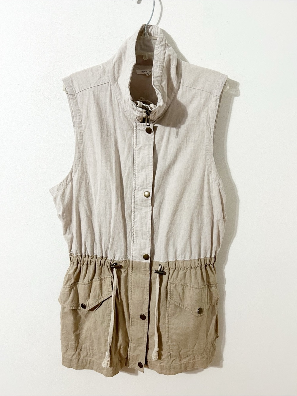 Maurices Linen Cotton Utility Vest TwoTone Beige and Tan Size L Drawstring Waist